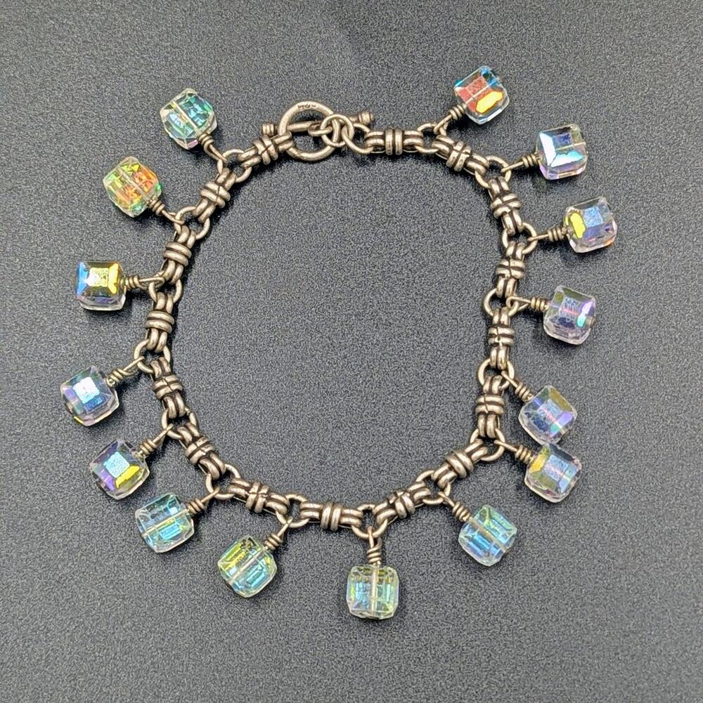 Y2K Aurora Borealis Crystal Cube Charm Bracelet – 8” Silver Tone Toggle